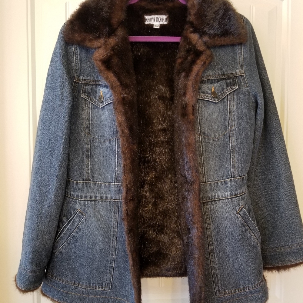 Cute Warm & Cozy Brown Fur Jean Jacket Coat Button